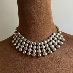 Amrita Singh Silver Textured Bead Bib Statement Choker Necklace 17" Maximalist